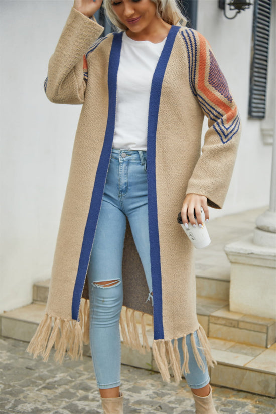 Geometric Fringe Hem Duster Cardigan