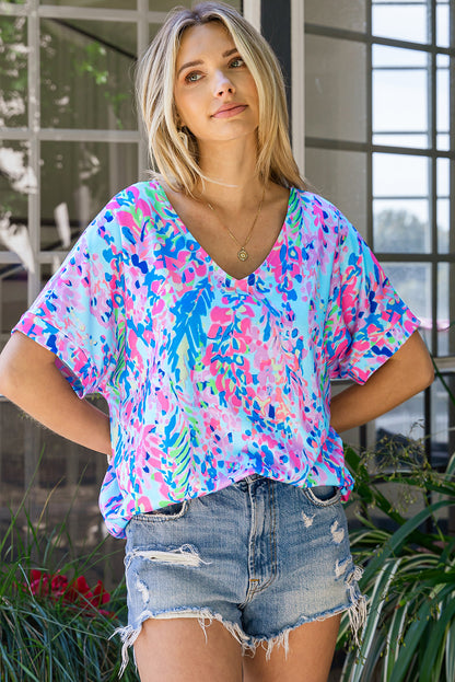 Multi-Colored Printed V-Neck Tee Shirt