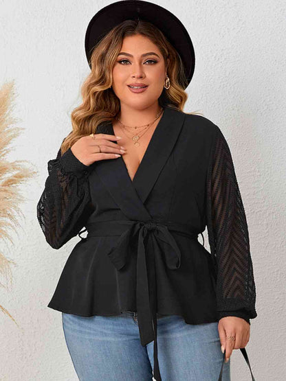 Black Plus Size Tie Waist Long Sleeve Blouse