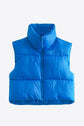 Women wearing a cobalt blue- Fall - Winter- Zip-Up -Drawstring- Puffer -Vest -sleeveless Jacket