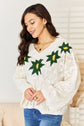 Embroidered Creme Floral Pattern V-Neck Sweater