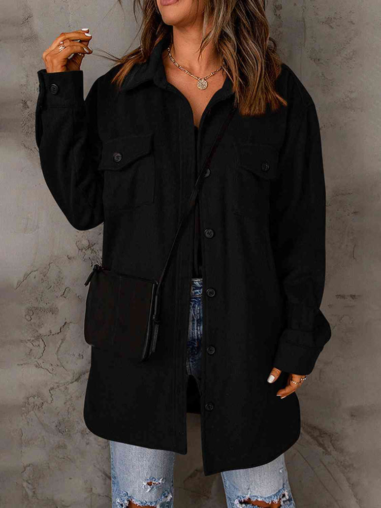 Drop Shoulder black Autumn Button Down Collared Coat