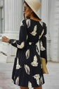 Leaf Print Buttoned Long Sleeve Slit Dress