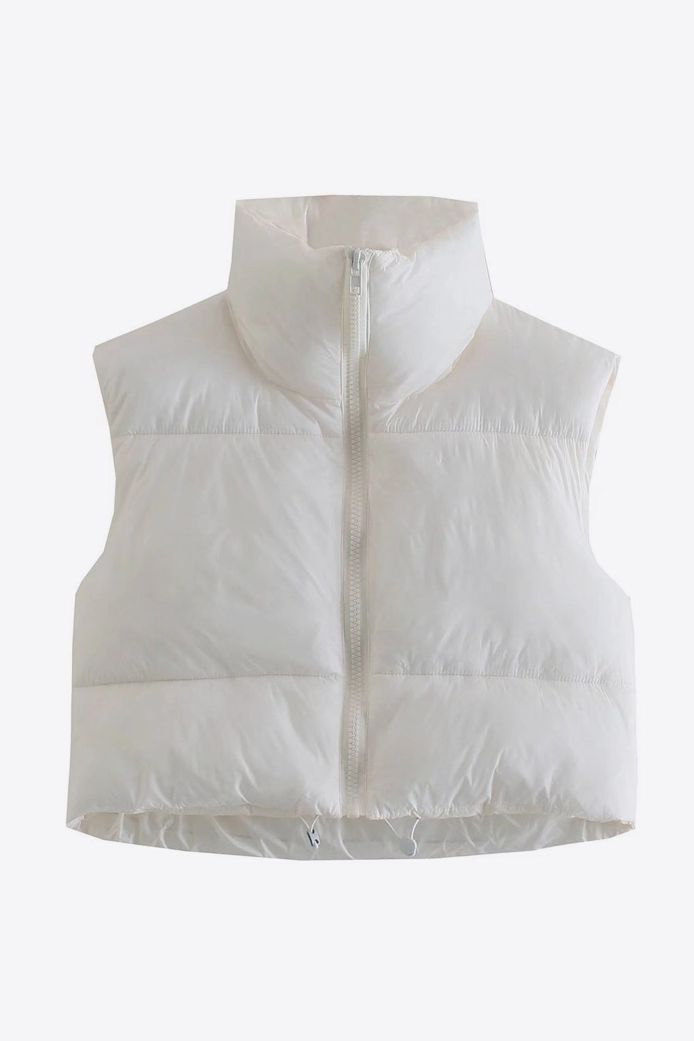 Women wearing a white- Fall - Winter- Zip-Up -Drawstring- Puffer -Vest -sleeveless Jacket