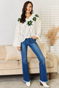 Embroidered Creme Floral Pattern V-Neck Sweater