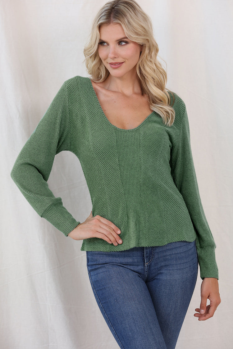 women wearing matcha Scoop Neck Long Sleeve Top