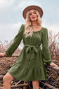 Woman wearing army green Ruffle Trim Tie Waist Balloon Sleeve Mini Dress