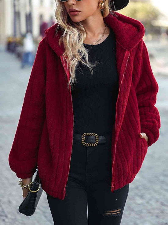 Wine Hooded Jacket with Pockets