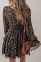 Black Printed Buttoned V-Neck Flounce Sleeve Dress