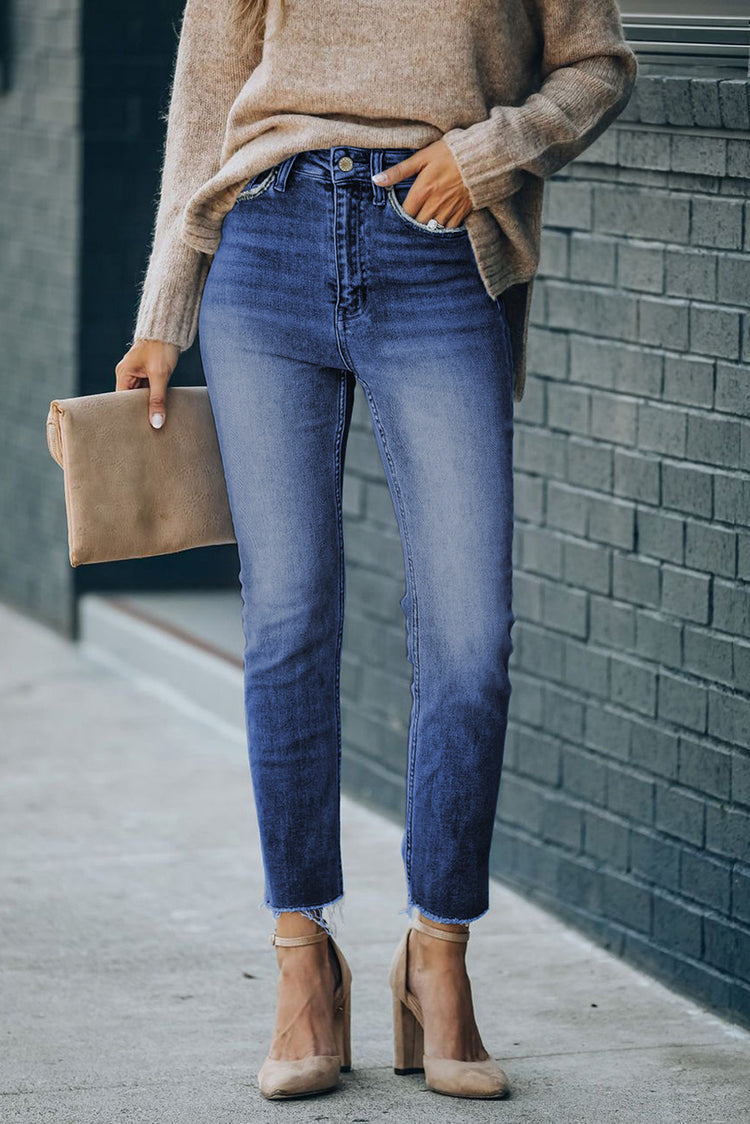 Woman -dark blue - Moody -High -Waist -Raw -Hem -Skinny -Jeans