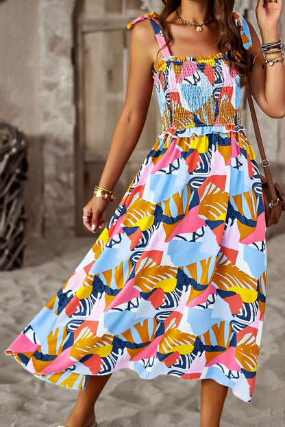 Printed Smocked Tie Shoulder Dress