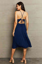 Navy Tie Back Spaghetti Strap Pleated Dress