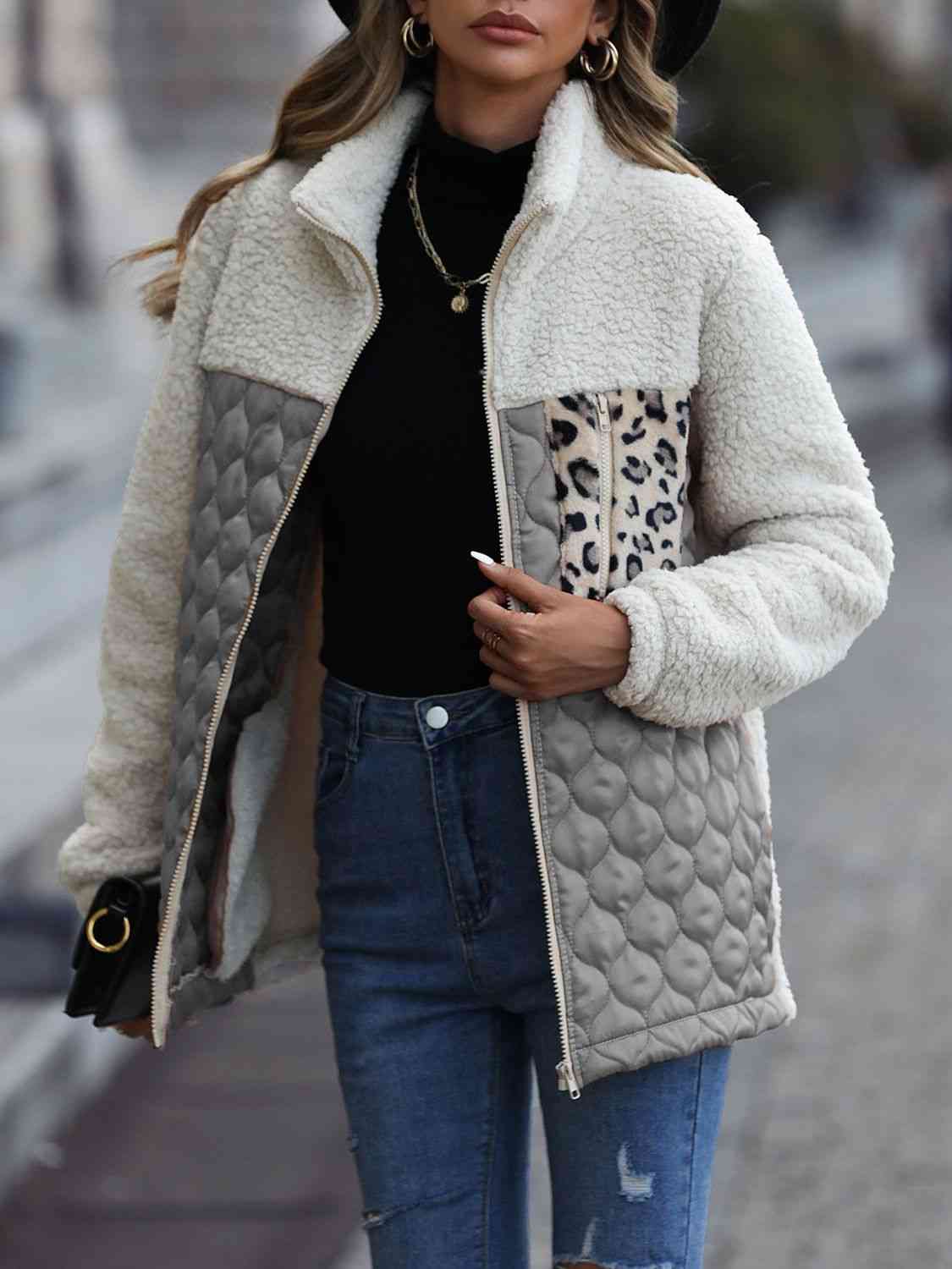 women wearing a charcoal Leopard Color Block Zip-Up Jacket