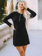 Black Round Neck Long Sleeve Buttoned Mini Dress