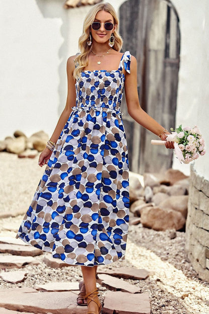 Printed Smocked Tie Shoulder Dress