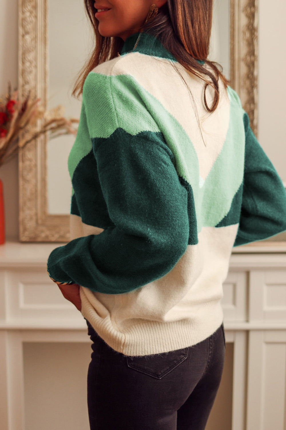 Pine Green - Color Block Buttoned Sweater