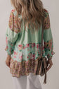 Bohemian Sage Floral Frill Trim Buttoned Notched Tiered Blouse