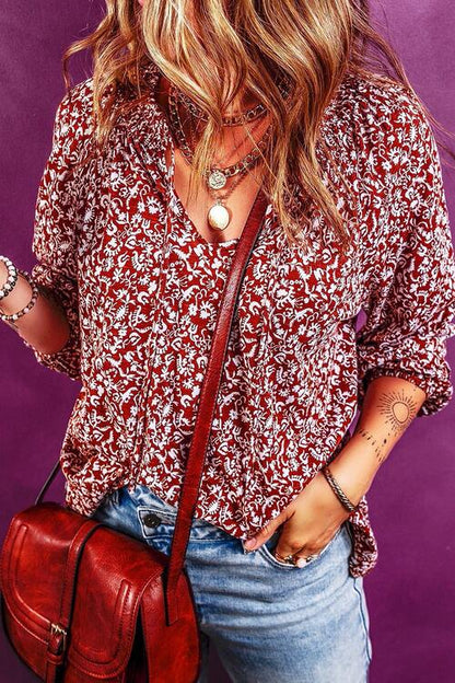 Cerise Printed Tie Neck Balloon Sleeve Blouse