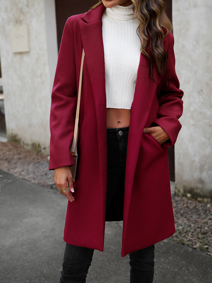 Woman wearing wine color Fall Pocketed Long Sleeve Jacket