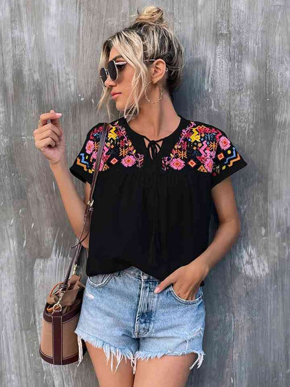 Floral Folk Printed Short Sleeve Blouse