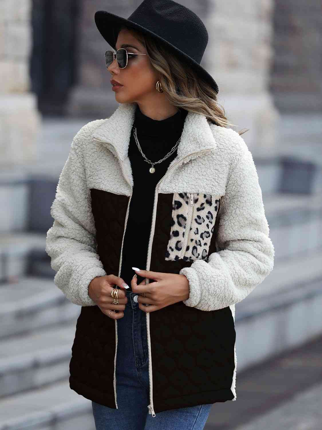 women wearing a black Leopard Color Block Zip-Up Jacket