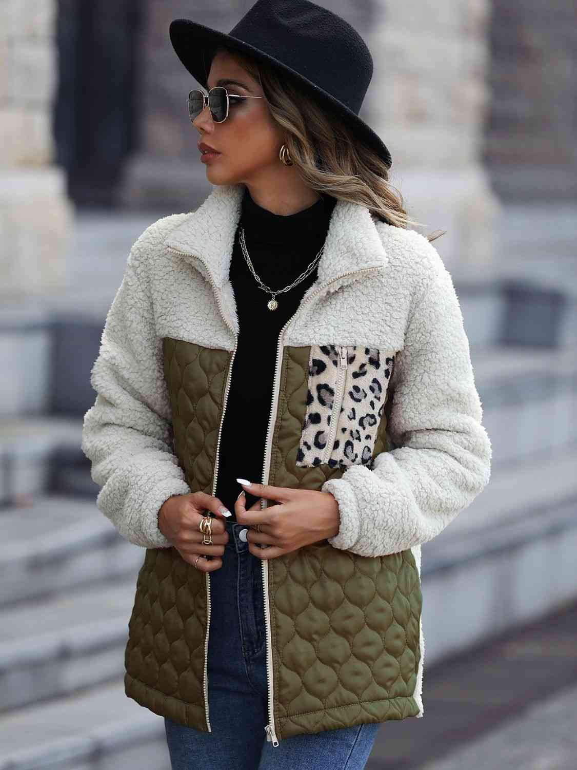 women wearing a army green Leopard Color Block Zip-Up Jacket