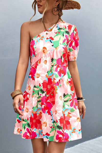 One-Shoulder Puff Floral Sleeve Dress