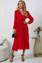 Classy Tie Waist V-Neck Long Sleeve Midi Dress