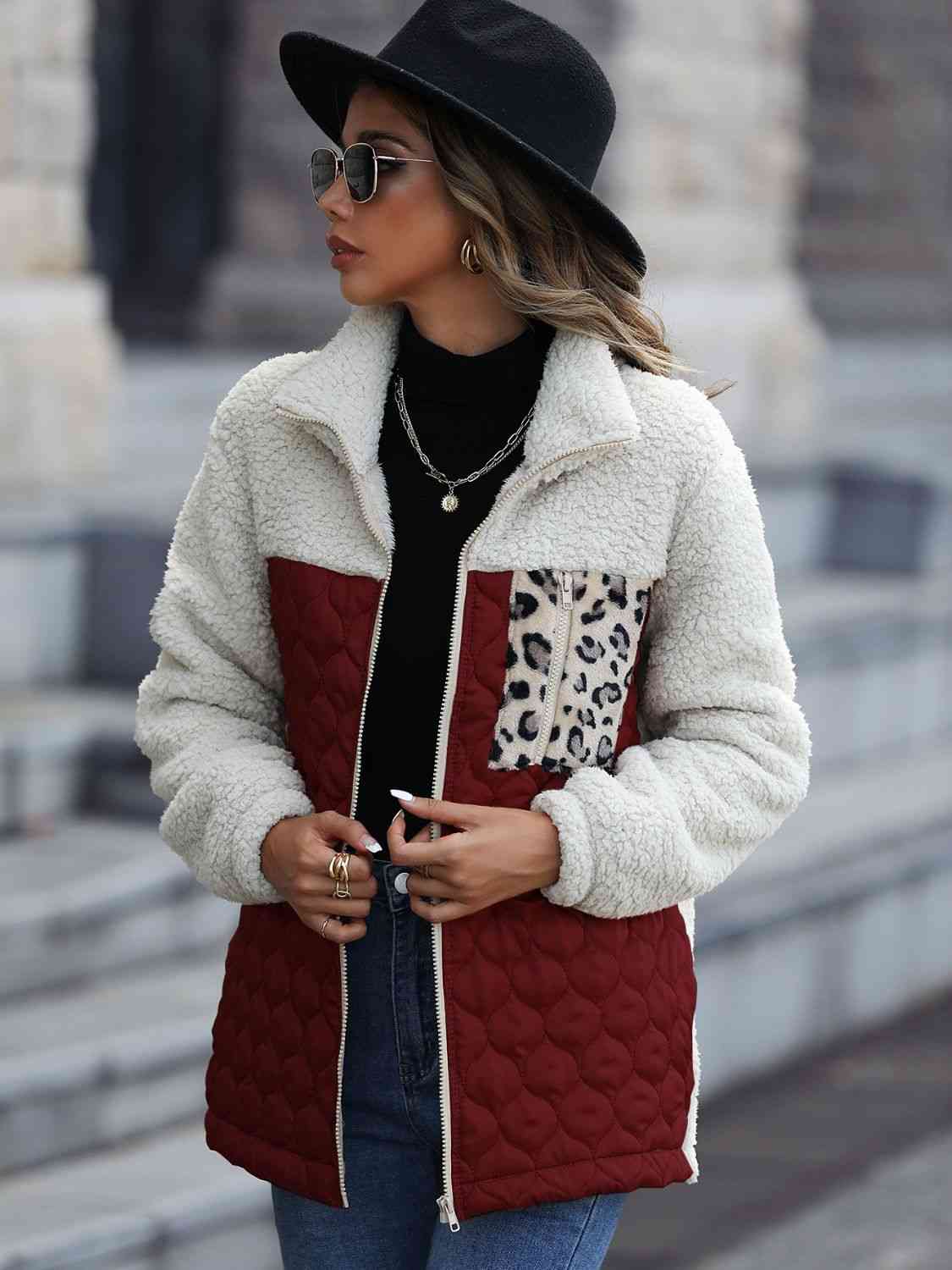 women wearing a wine Leopard Color Block Zip-Up Jacket