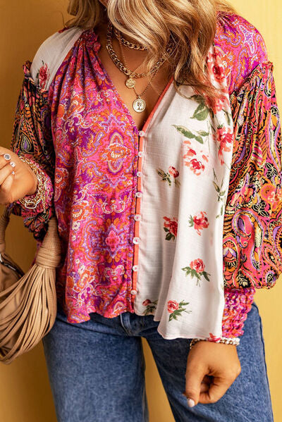 Plus Size - Frill Printed V-Neck Long Sleeve Blouse