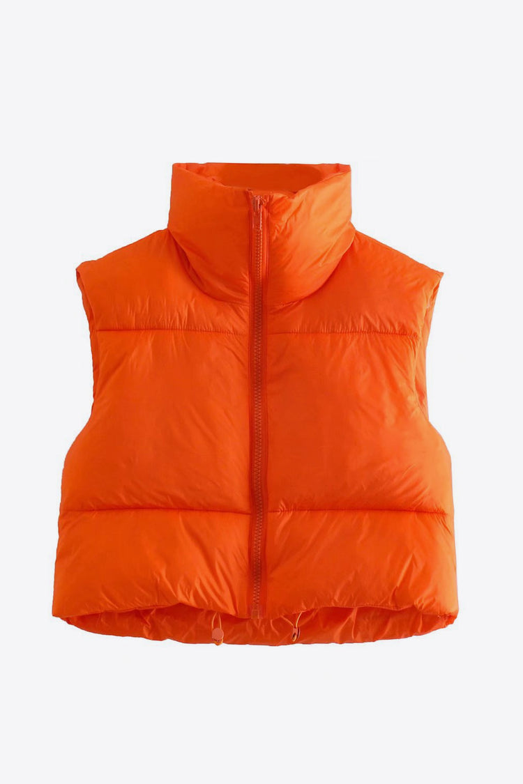 Women wearing a orange- Fall - Winter- Zip-Up -Drawstring- Puffer -Vest -sleeveless Jacket