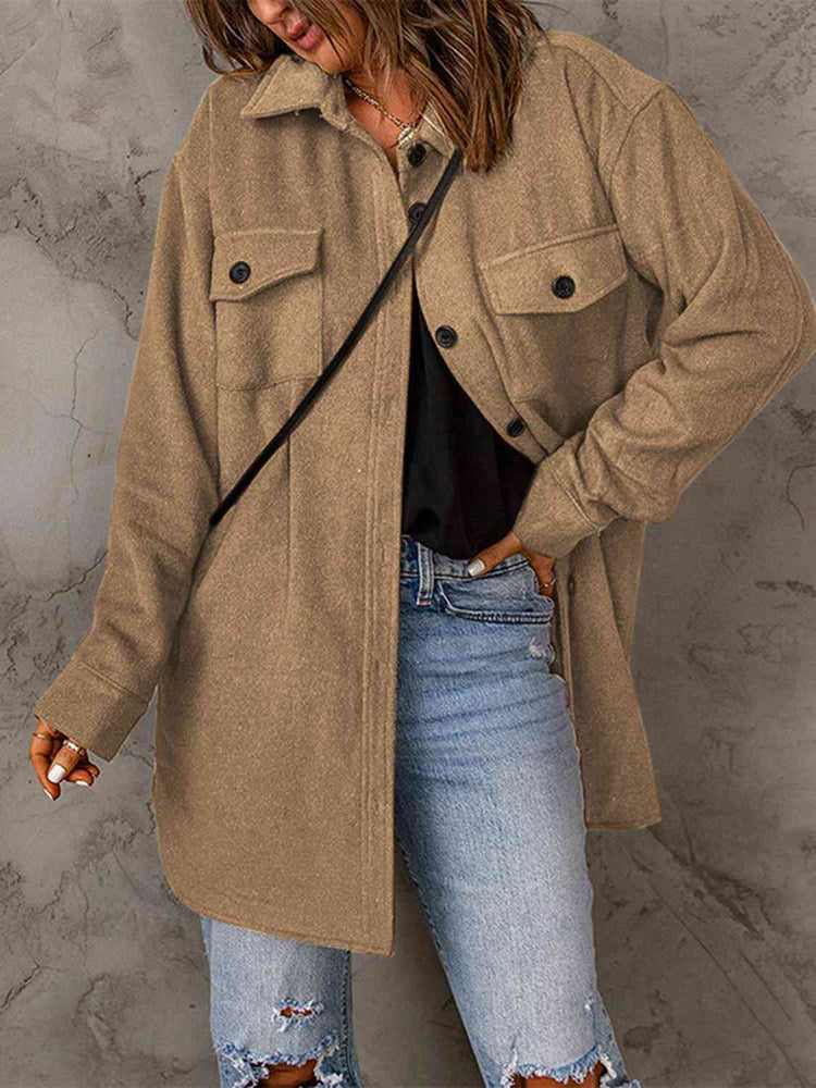 Drop Shoulder taupe Autumn Button Down Collared Coat