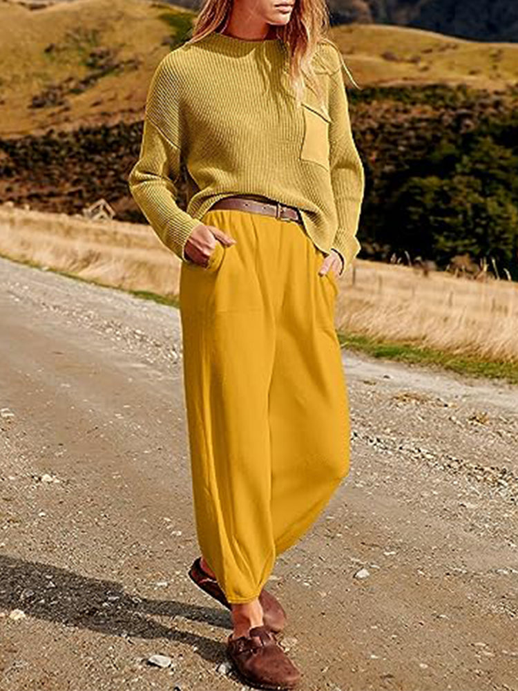 Woman wearing mustard color Long Sleeve Knit Top and Joggers Set