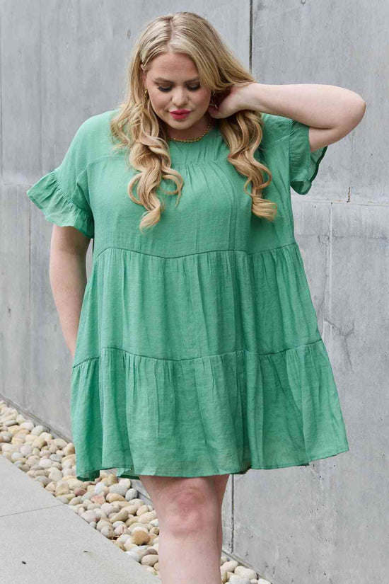 SALE - Mid Green Full Size Textured Woven Babydoll Dress