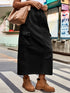 Women wearing a black Women-Be -Free -Drawstring -Waist -Slit -Denim -Skirt