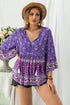 Woman wearing vivid violet - purple -Plus -Size -Boho- Floral -Tassel -Blouse