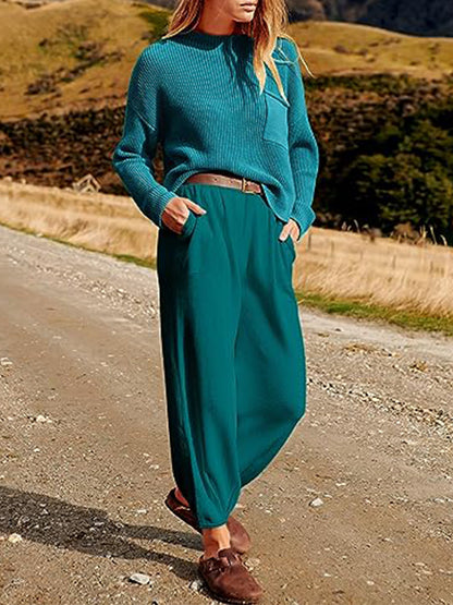 Woman wearing turquoise color Long Sleeve Knit Top and Joggers Set