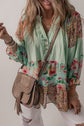 Bohemian Sage Floral Frill Trim Buttoned Notched Tiered Blouse