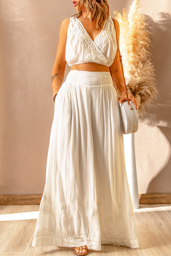 V-Neck Cropped Sleeveless Top and Wide Leg Pants Set