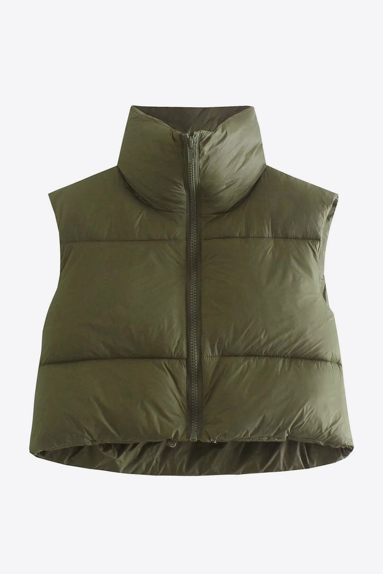 Women wearing a army green- Fall - Winter- Zip-Up -Drawstring- Puffer -Vest -sleeveless Jacket