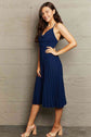 Navy Tie Back Spaghetti Strap Pleated Dress