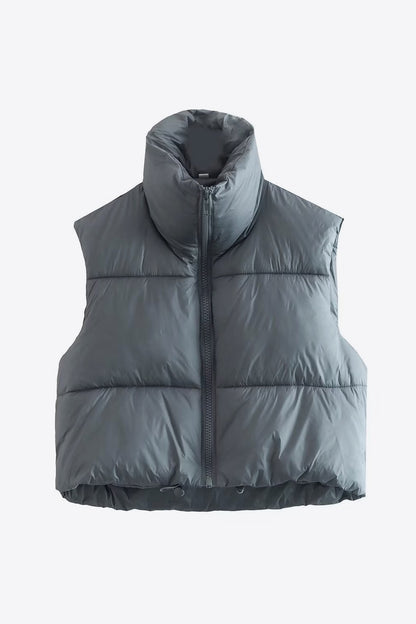 Women wearing a charcoal- Fall - Winter- Zip-Up -Drawstring- Puffer -Vest -sleeveless Jacket