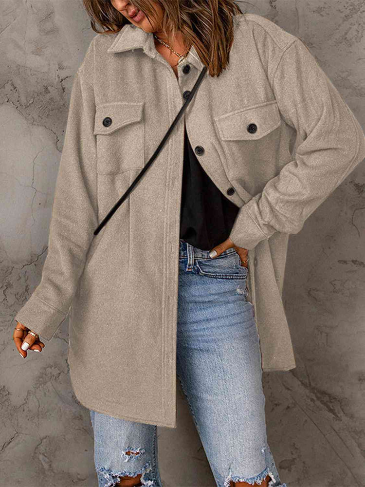 Drop Shoulder sand  Autumn Button Down Collared Coat