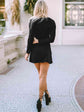 Black Round Neck Long Sleeve Buttoned Mini Dress