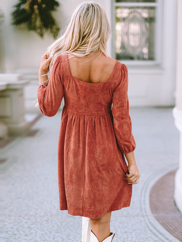 Woman wearing a Ochre -Square- Neck -Three-Quarter -Sleeve- Fall- Mini -Dress