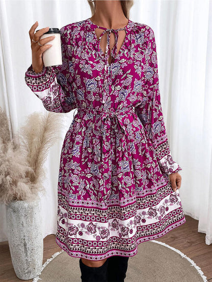 Lilac Floral Tie Neck Balloon Sleeve Dress