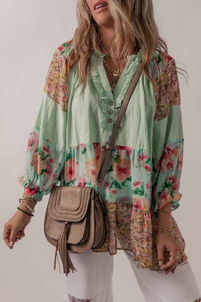 Bohemian Sage Floral Frill Trim Buttoned Notched Tiered Blouse