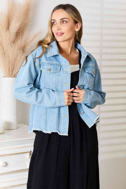 Denim Dropped Shoulder Raw Hem Jacket