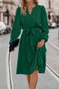 Tie Waist Notched Neck Long Sleeve Dress