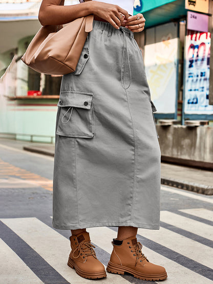 Women wearing a cloudy blue Women-Be -Free -Drawstring -Waist -Slit -Denim -Skirt